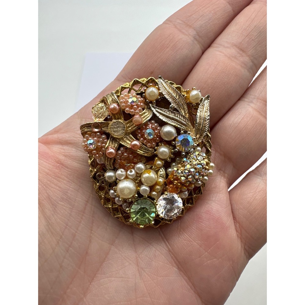 Vintage Floral Assemblage Brooch Gold Tone Faux Pearl Rhinestone Statement Pin